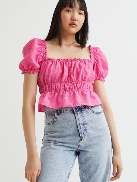 

H&M Women Pink Self Design Square Neck Cropped Seersucker Blouse