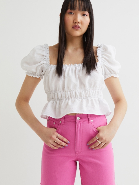 

H&M Women White Cropped Seersucker Blouse