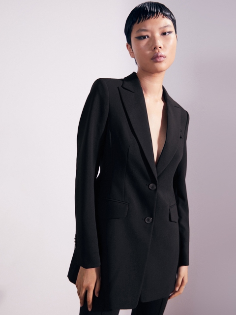 

H&M Women Black Solid Tailored Fit Single Breasted Long Jacket