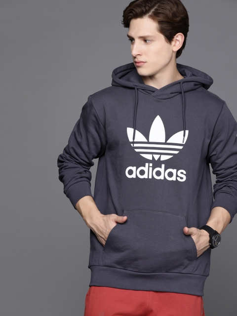 

ADIDAS Originals Men Navy Blue & White Trefoil Print Hooded Sustainable Sweatshirt