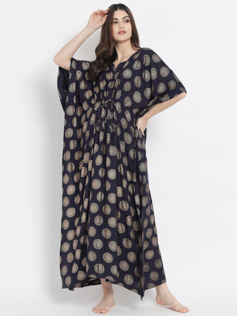 

Aujjessa Navy Blue & Gold-Toned Ethnic Motifs Foil Printed Maternity Maxi Kaftan Dress