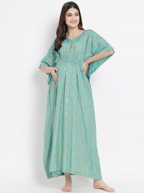

Aujjessa Sea Green Floral Printed Maternity Kaftan Maxi Dress