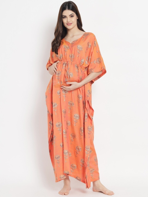 

Aujjessa Orange Floral Maternity Kaftan Maxi Dress