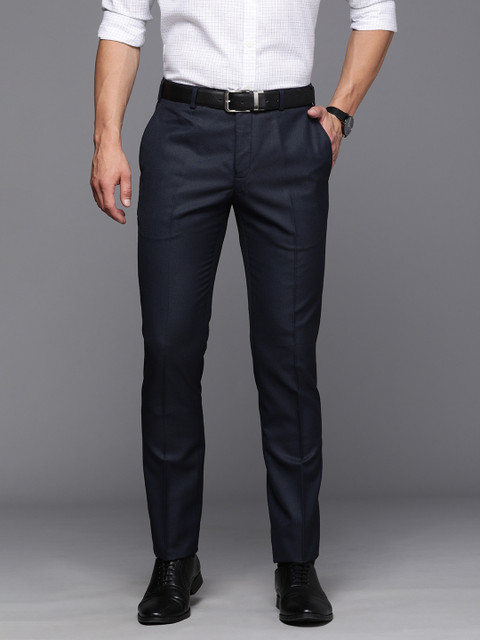

Raymond Men Navy Blue Textured Slim Fit Mid Rise Formal Trousers