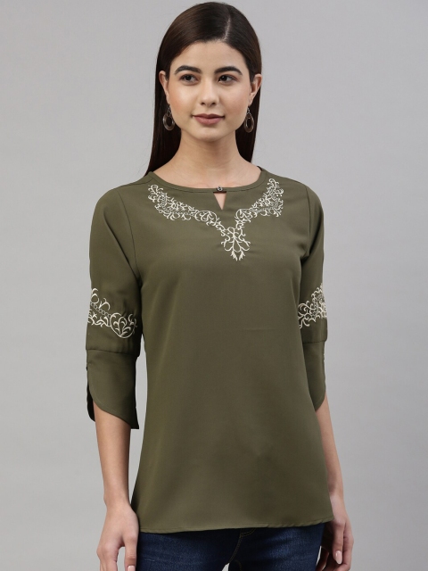 

GOLDSTROMS Women Olive Green Floral Keyhole Neck Top