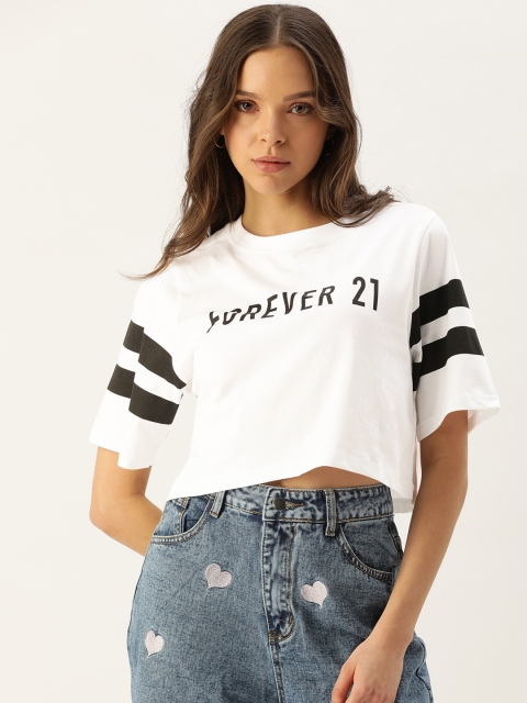 

FOREVER 21 White & Black Brand Logo Printed Crop Top