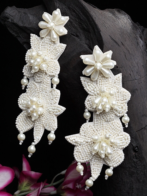 

Moedbuille Off White Beads & Pearls Studded Floral Drop Earrings
