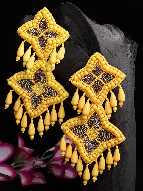 

Moedbuille Yellow Beads Sequins & Pearls Studded Handcrafted Drop Earrings