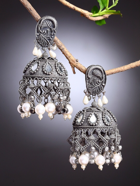 

Moedbuille Silver-Toned & White Dome Shaped Jhumkas Earrings