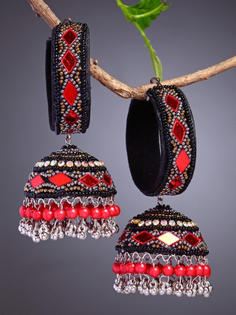 

Moedbuille Red & Black Beaded Dome Shaped Jhumkas Earrings