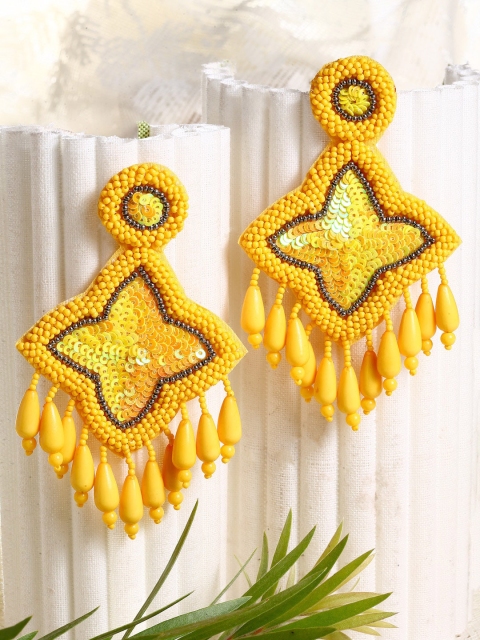 

Moedbuille Yellow Beads Sequins & Pearls Studded Contemporary Drop Earrings
