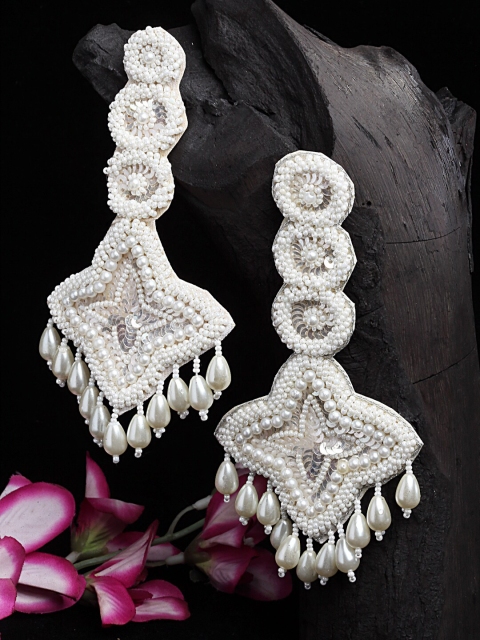 

Moedbuille White Contemporary Sequins & Pearls Drop Earrings