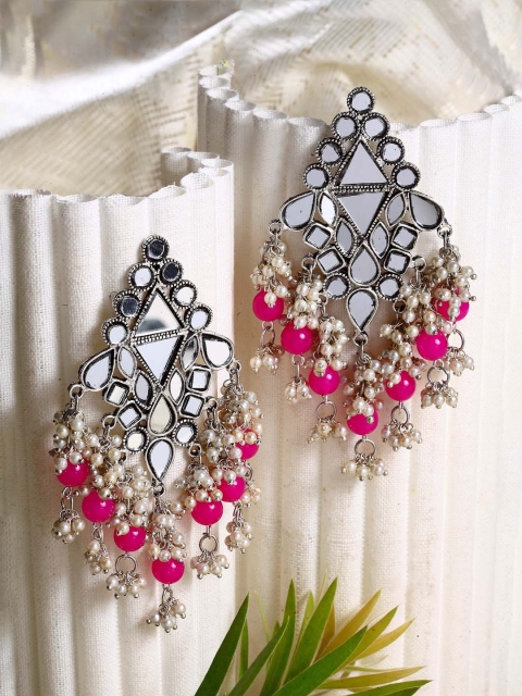 

Moedbuille Pink & Silver-Toned Classic Pearls Studded Afghan Tasselled Chandbalis Earrings