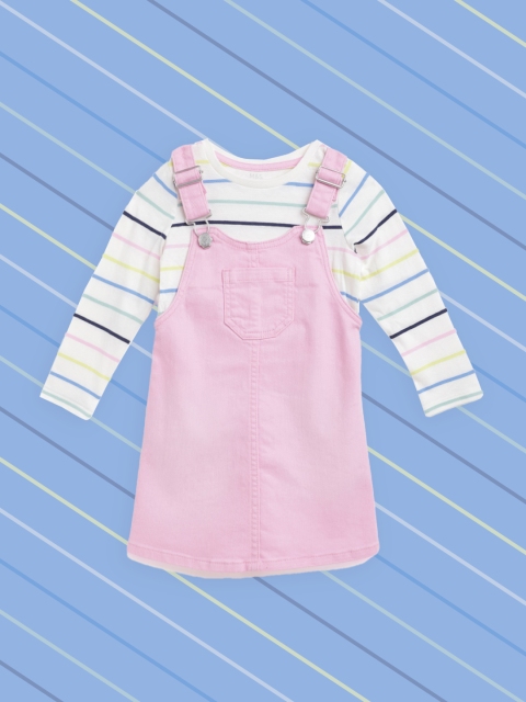 

Marks & Spencer Girls Pink Solid Denim Pinafore Dress with Striped T-shirt