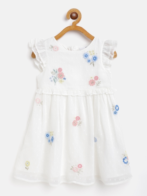 

Marks & Spencer Girls White & Blue Dobby Weave Floral Embroidery Ruffled Fit & Flare Dress