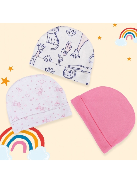 

Baby Moo Unisex Kids Pack Of 3 Pink & White Printed Beanie