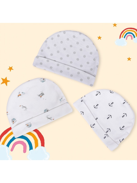 

Baby Moo Kids White & Grey Pack Of 3 Printed Cotton Beanie