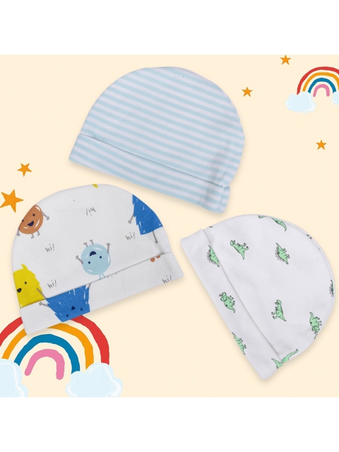 

Baby Moo Kids White & Blue Pack Of 3 Printed Cotton Beanie