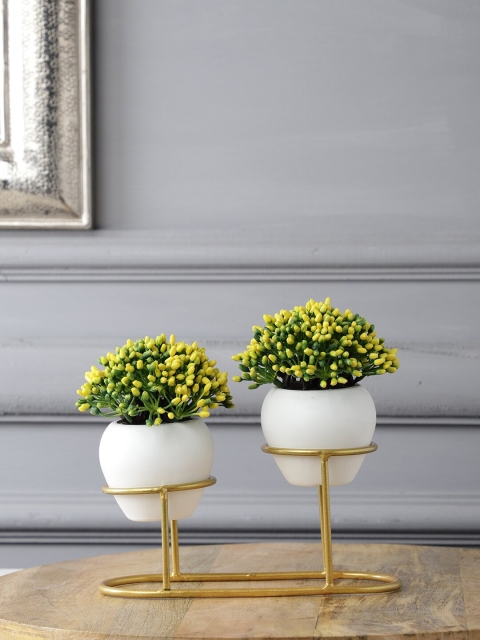 

FOLIYAJ Yellow & White Combo of 2 Plants with Small Yellow Buds in a Metal Holder