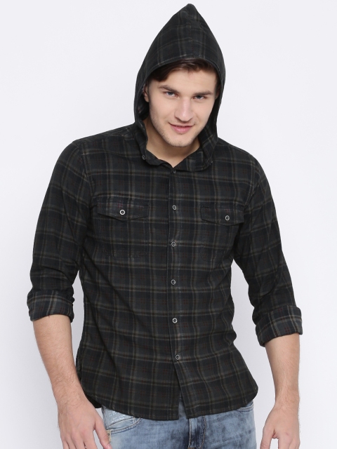 

Pepe Jeans Men Olive Green & Brown Checked Regular Fit Hooded Casual Shirt