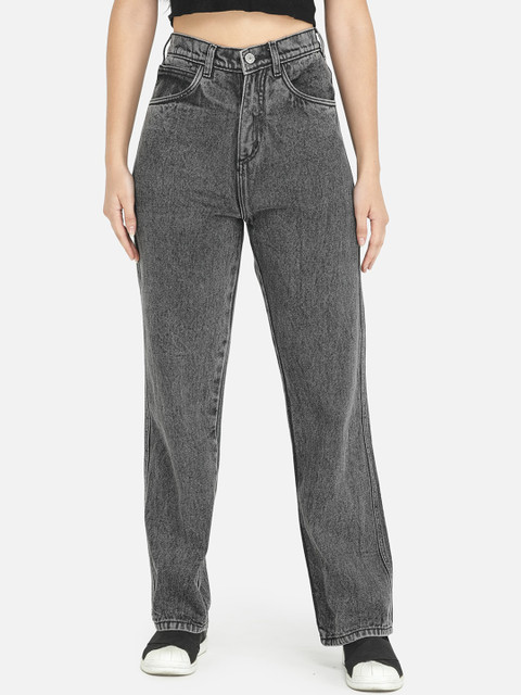 

DECHEN Women Grey Straight Fit High-Rise Heavy Fade Jeans