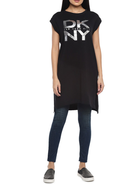 

DKNY Black & Silver Printed Pure Cotton Long Denim Top