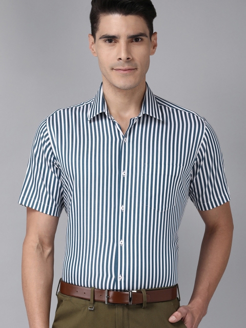 

Van Heusen Men Teal & White Striped Pure Cotton Custom Fit Formal Shirt