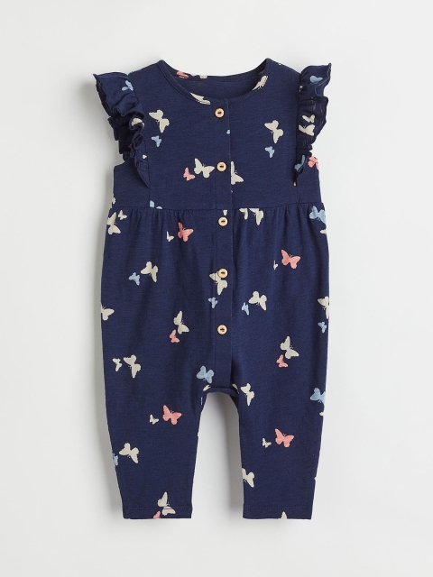 

H&M Girls Navy Blue Printed Cotton Slub Jersey Romper Suit