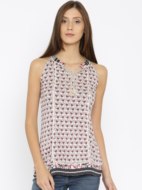 

AND Women Beige & Pink Floral Print Regular Top