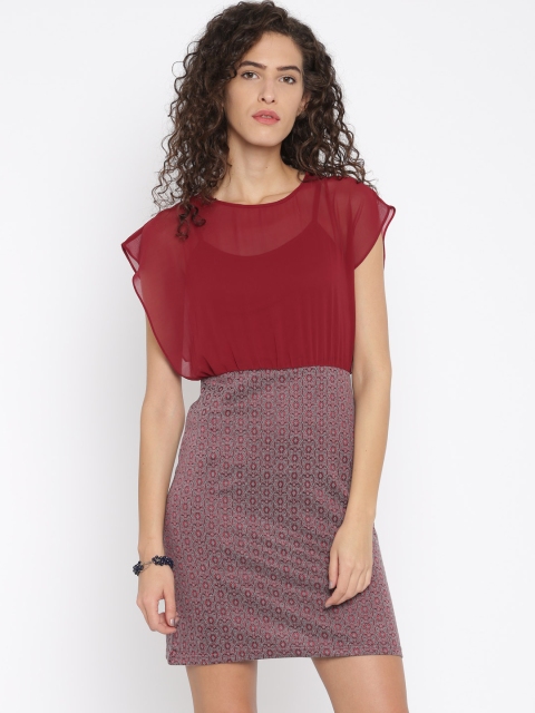 

AND Women Maroon Self-Design Blouson Dress