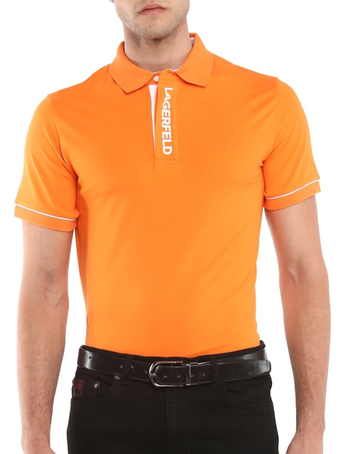 

LAGERFELD Men Orange & White Brand Logo Printed Polo Collar Cotton T-shirt