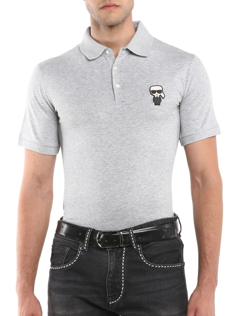 

LAGERFELD Men Grey Polo Collar Cotton T-shirt