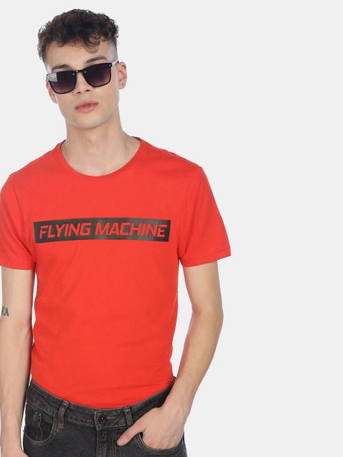 

Flying Machine Men Orange & Black Typography Printed Applique Slim Fit Pure Cotton T-shirt