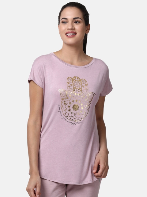 

Enamor Women Purple Printed Drop-Shoulder Sleeves T-shirt
