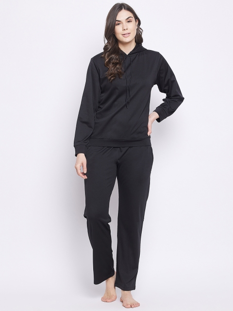 

STALK Women Black Solid Hoodie With Lower Night Suits