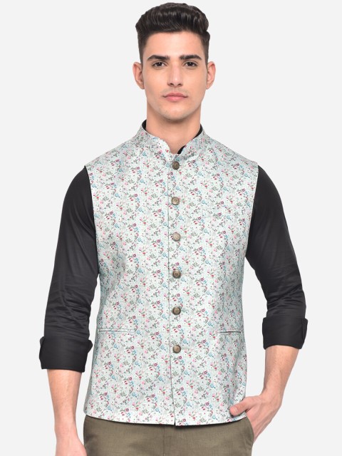 

Greenfibre Men Blue Terry Wool Light Blue Printed Regular Fit Waistcoat