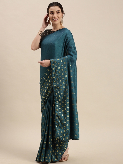 

KALINI Teal & Golden Ethnic Motifs Print Saree