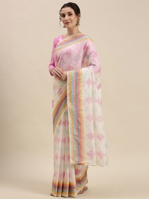 

KALINI Off White & Pink Geometric Printed Pastel Saree