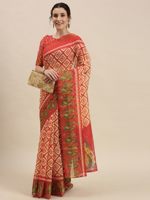 

KALINI Red & Beige Geometric Print Saree