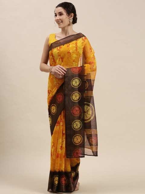 

KALINI Mustard Yellow & Brown Tie and Dye Printed Saree