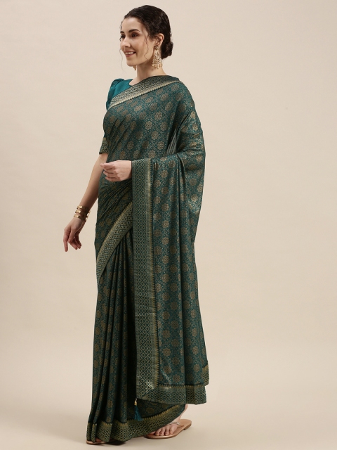 

KALINI Teal & Golden Ethnic Motifs Print Saree