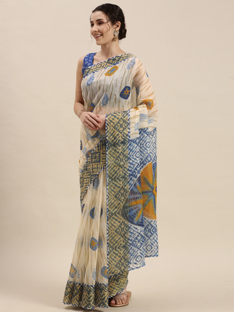 

KALINI Beige & Navy Blue Ethnic Motifs Print Saree