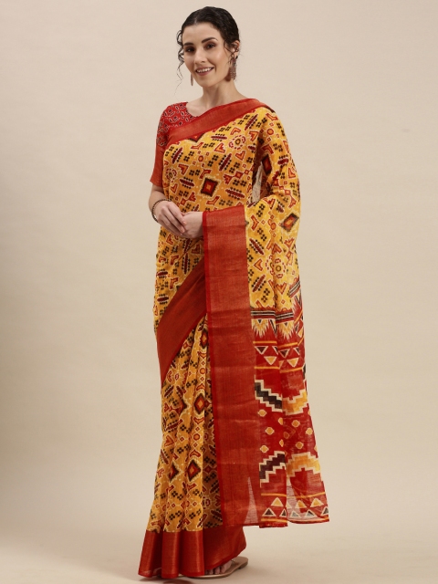 

KALINI Mustard Yellow & Red Geometric Printed Saree