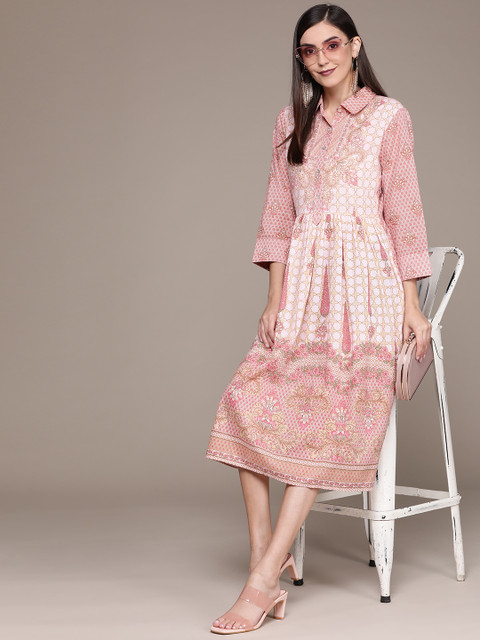 

aarke Ritu Kumar Women Pink & Off White Ethnic Motifs Printed Shirt Midi Dress