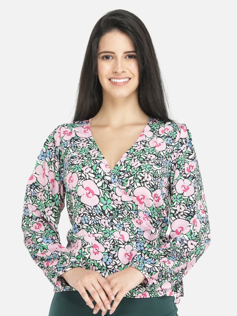 

DECHEN Green & Pink Floral Print Crepe Wrap Top