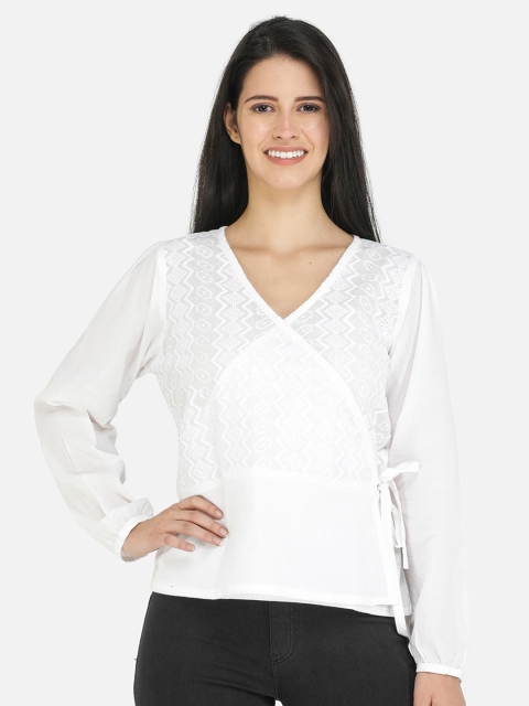 

DECHEN White Self Design Pure Cotton Wrap Top
