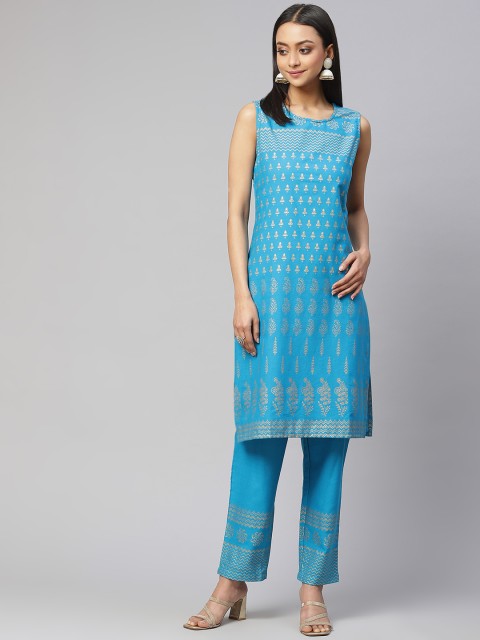 

Fusion Threads Women Turquoise Blue Ethnic Motifs Printed Pure Cotton Kurta with Trousers