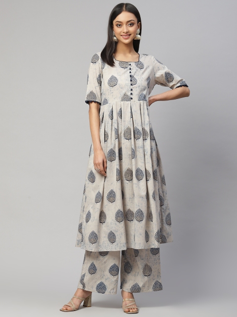 

Fusion Threads Women Grey Ethnic Motifs Printed Pure Cotton Kurta with Palazzos