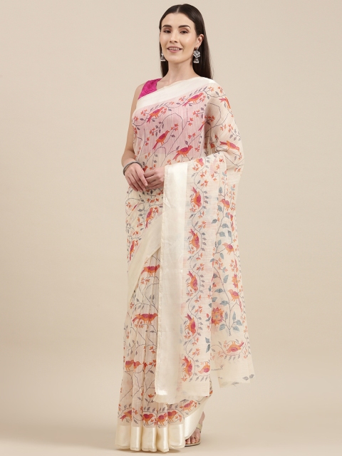 

Pavechas White Printed Jute Cotton Bhagalpuri Saree