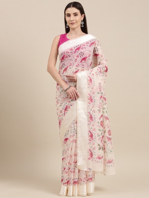 

Pavechas White Printed Jute Cotton Bhagalpuri Saree